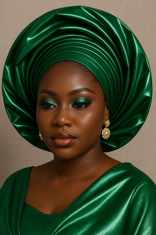 💚 “Alárìnmẹ́dọ̀” – Emerald Path Auto Gele. (She Who Walks in Divine Alignment).