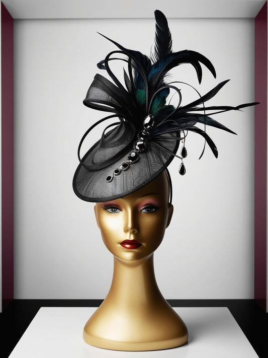 🖤 “Obsidian Majesty” – Luxe Feathered Teardrop Fascinator