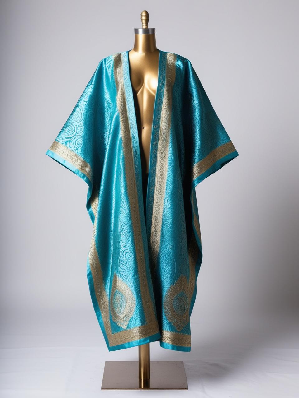 Turquoise Blue and Gold Brocade Damask Kaftan Kimono - Made To Order