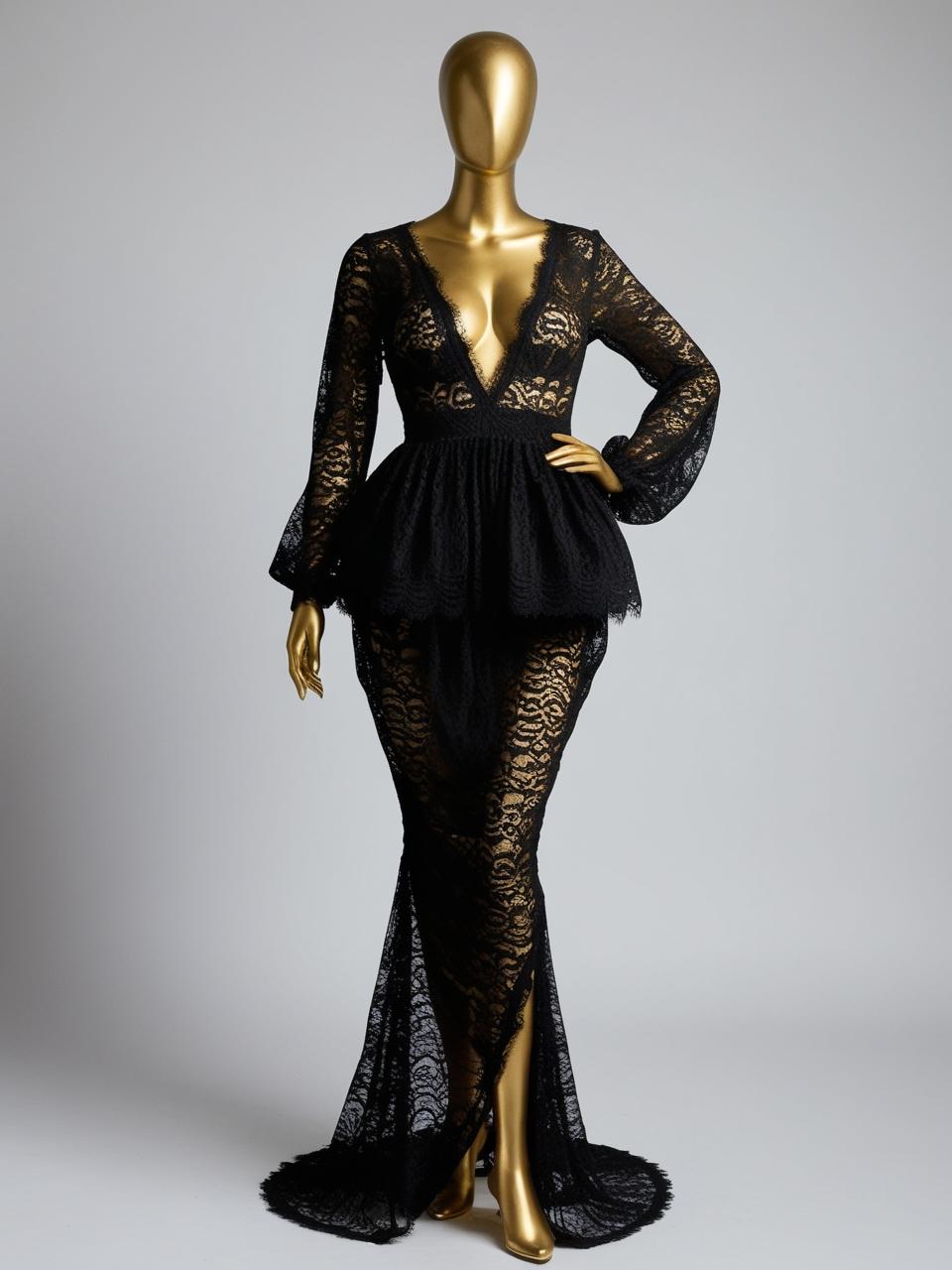 Elegant Black Lace Evening Gown – Sheer Long-Sleeve Peplum Dress