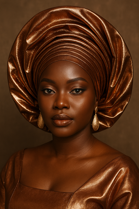 🤎 “Ìwà Pẹ̀lẹ́” – Bronze Earth Majesty Auto Gele
(“Graceful Nature” or Gentle Nobility in Yoruba)