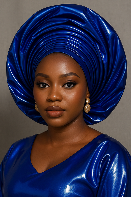 💙 “Ìbùkún Ayaba” – Royal Blue Liquid Leather Auto Gele