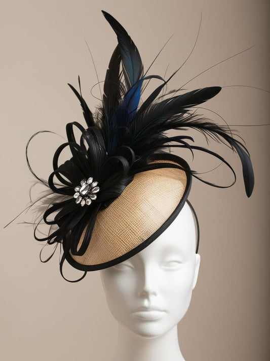🌾 “Desert Empress” – Nude & Noir Feather Bloom Fascinator