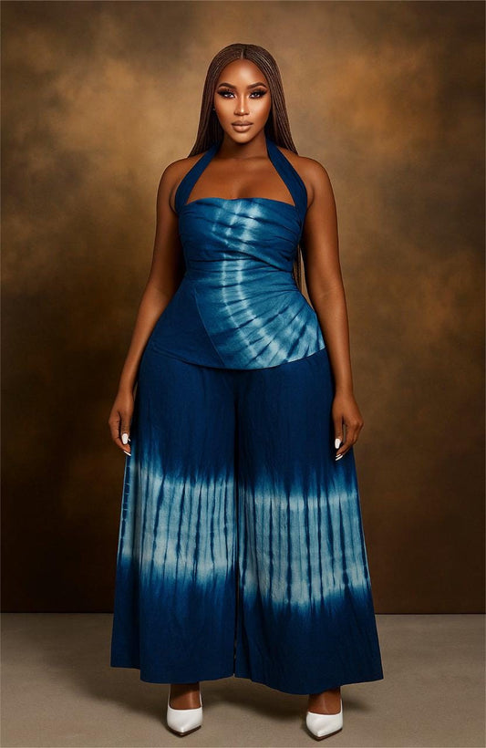 Ola Adire Luxe 2-Piece Set – Halter Wrap Top & Wide-Leg Pants (Blue or Green)