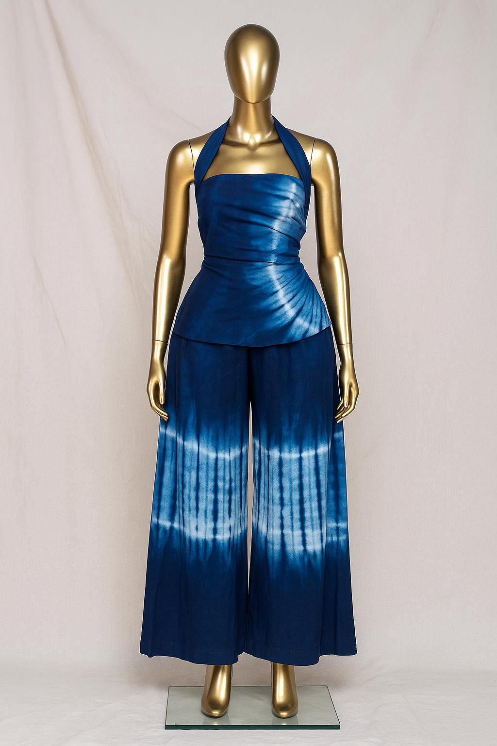 Ola Adire Luxe 2-Piece Set – Halter Wrap Top & Wide-Leg Pants (Blue or Green)