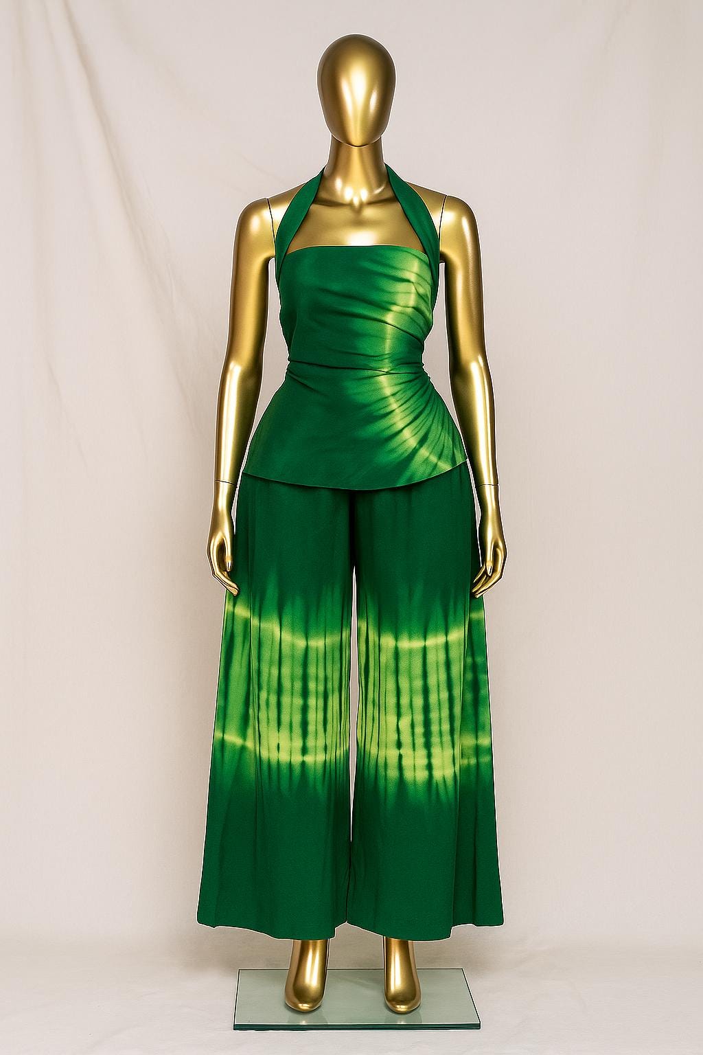Ola Adire Luxe 2-Piece Set – Halter Wrap Top & Wide-Leg Pants (Blue or Green)
