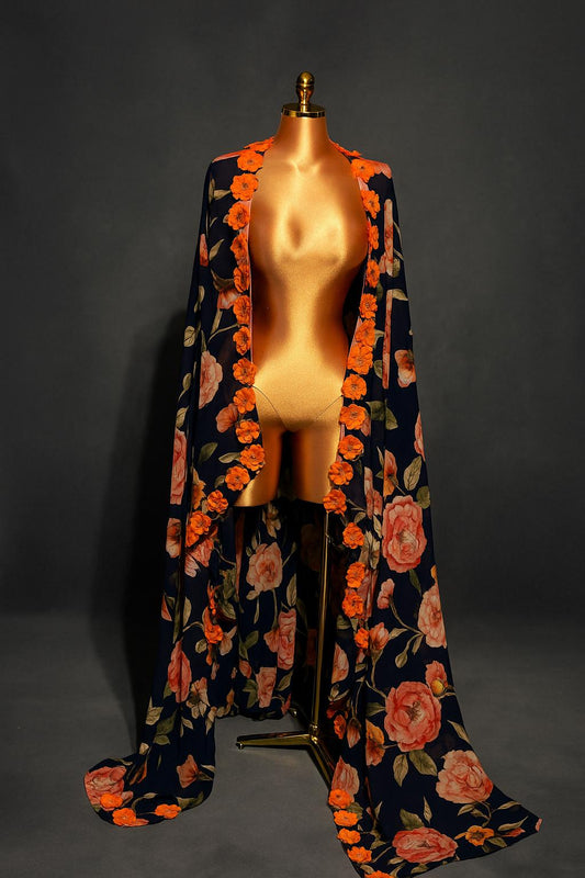 She Blooms Boldly – Luxury Chiffon Floral Kaftan / Drape Cape