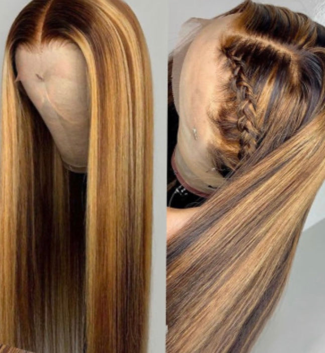 Halle” 13 x 4 Lace Front Brazillian Remy Human Hair highlighted Wig (24 Inches) T Middle Part.