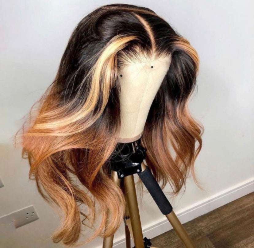 “Gabrielle” 4x4 (22 inch) Remy Body Wave & Highlighted Colored Ombre Lace Frontal Human Hair Wig - Pre Plucked