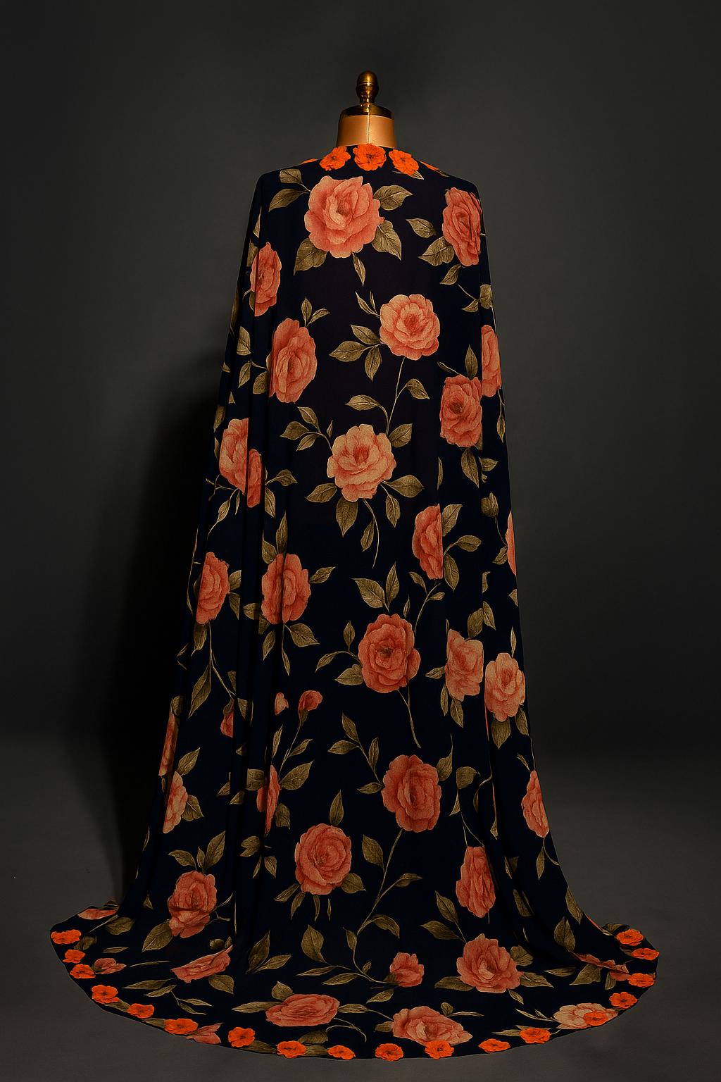 She Blooms Boldly – Luxury Chiffon Floral Kaftan / Drape Cape