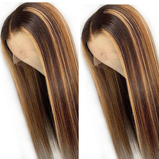 Halle” 13 x 4 Lace Front Brazillian Remy Human Hair highlighted Wig (24 Inches) T Middle Part.